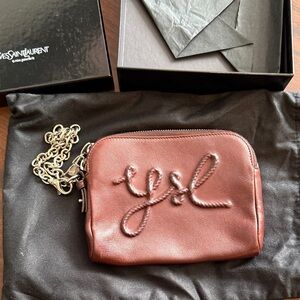 Yves Saint Laurent Brown Leather Clutch with Chain - real